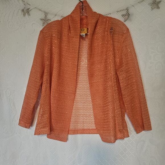 Ruby Rd Medium Orange Sparkly Top Mesh Weave Open Knit Open Cardigan Shawl - Picture 1 of 10